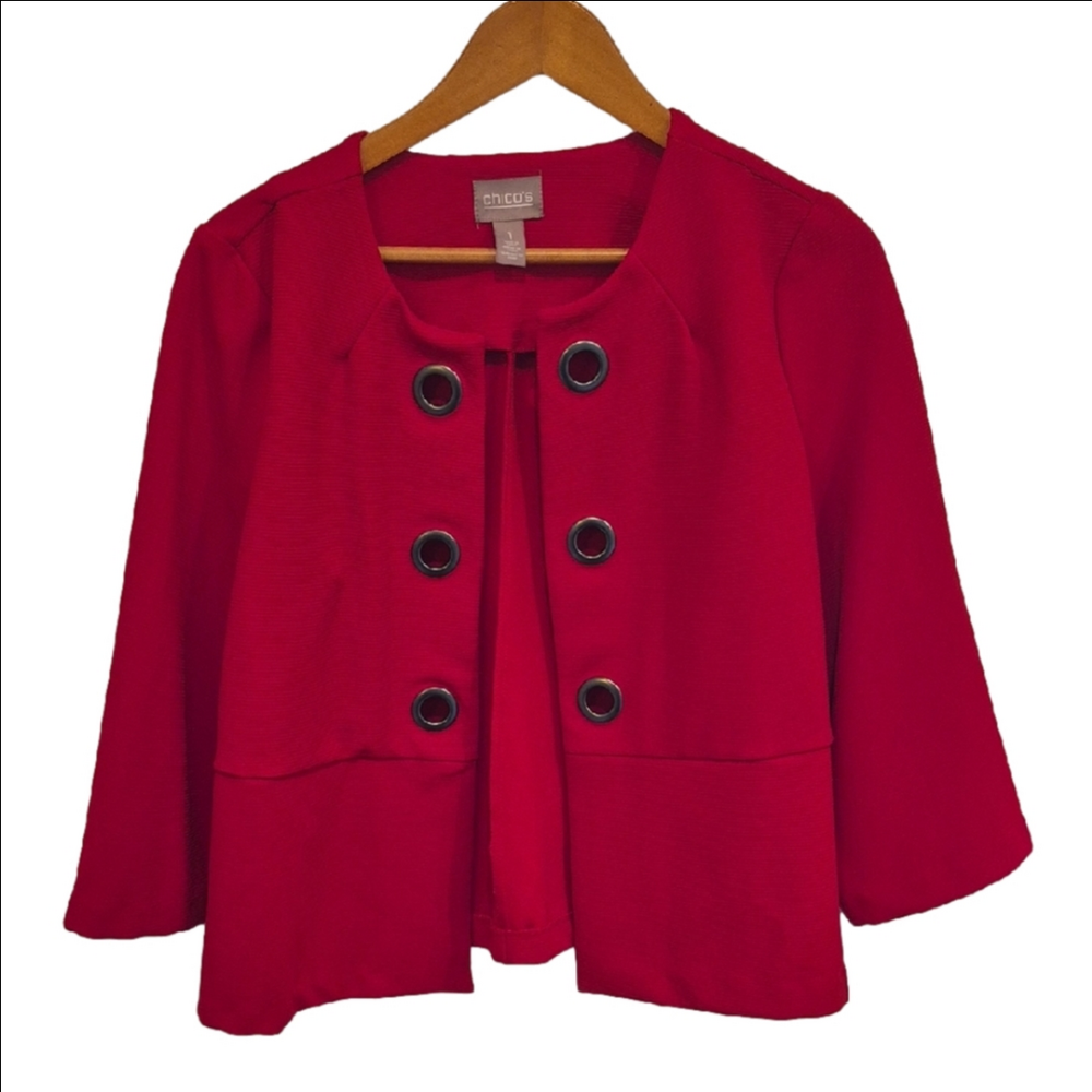 Chico's Bold Red Textured Blazer With Grommet Detail 3/4 Sleeve Chico's Size 1